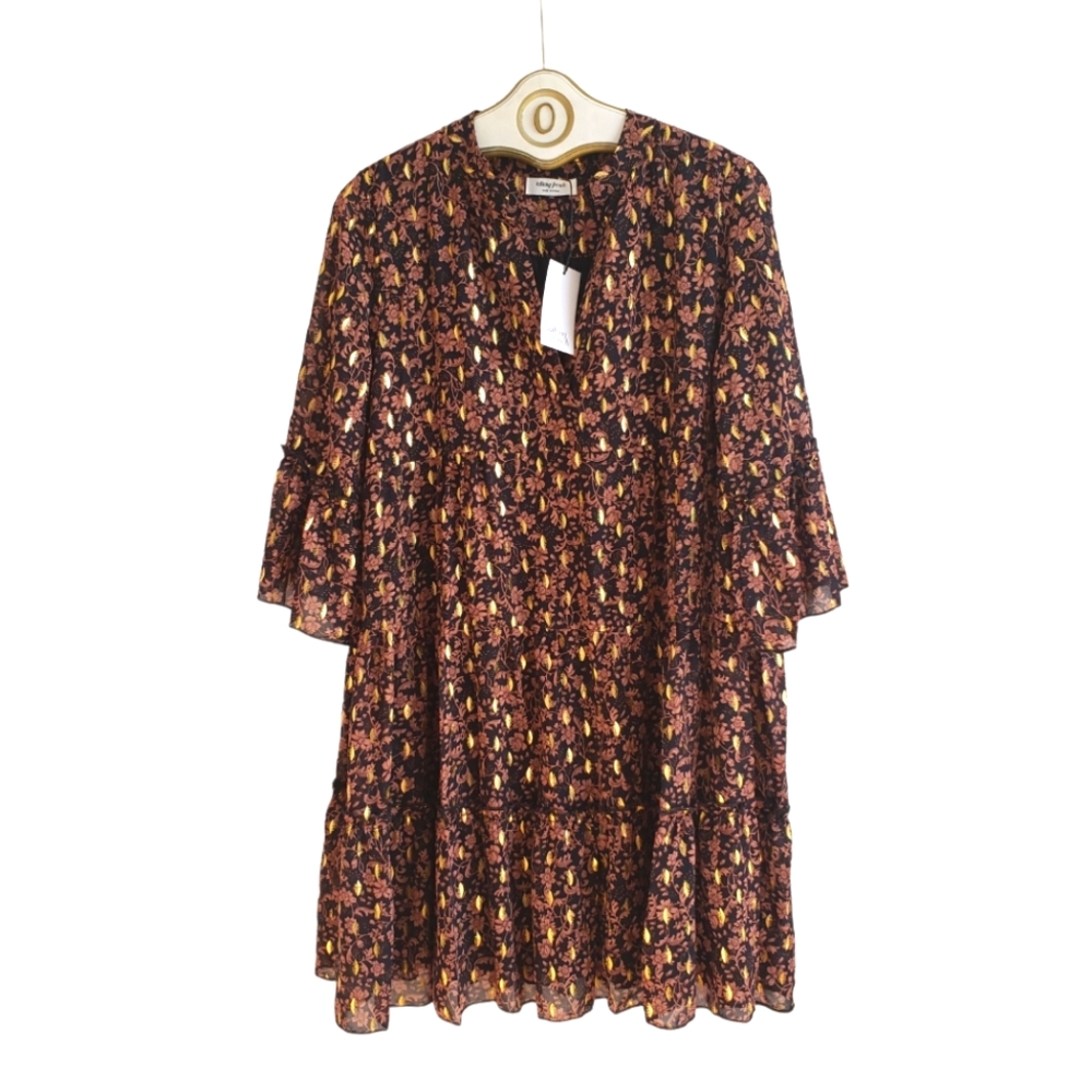NWT 130$ Talking French Women Dress Black Gold Acent Flowy